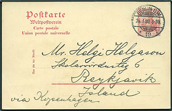 10 pfg. Germania helsagsbrevkort fra Berlin d. 26.3.1918 til Reykjavik, Island. Påskrevet via Kopenhagen og ank.stemplet Reykjavik d. 1.4.1908.