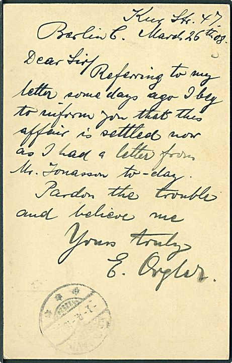 10 pfg. Germania helsagsbrevkort fra Berlin d. 26.3.1918 til Reykjavik, Island. Påskrevet via Kopenhagen og ank.stemplet Reykjavik d. 1.4.1908.