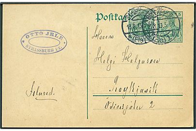 5 pfg. Germania helsagsbrevkort opfrankeret med 5 pfg. Germania fra Strassburg (Els.) d. 13.8.1913 til Reykjavik, Island.
