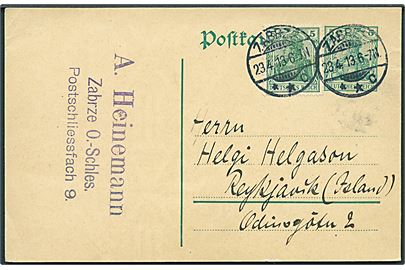 5 pfg. Germania helsagsbrevkort opfrankeret med 5 pfg. Germania fra Zabrze d. 23.4.1913 til Reykjavik, Island.