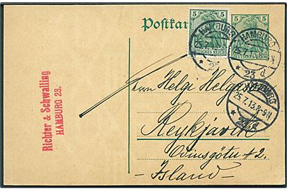 5 pfg. Germania helsagsbrevkort opfrankeret med 5 pfg. Germania fra Hamburg d. 25.7.1913 til Reykjavik, Island.
