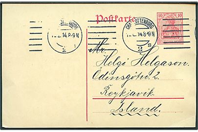 10 pfg. Germania helsagsbrevkort fra Charlottenburg d. 11.2.1914 til Reykjavik, Island.