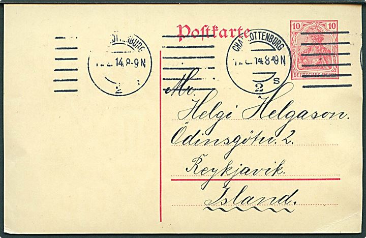 10 pfg. Germania helsagsbrevkort fra Charlottenburg d. 11.2.1914 til Reykjavik, Island.
