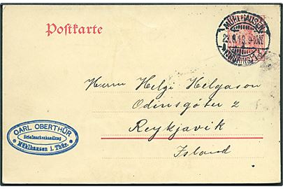 10 pfg. Germania helsagsbrevkort fra Mühlhausen d. 23.8.1913 til Reykjavik, Island.