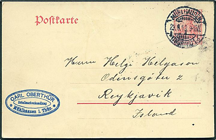 10 pfg. Germania helsagsbrevkort fra Mühlhausen d. 23.8.1913 til Reykjavik, Island.