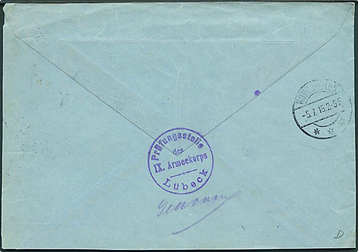 40 pfg. Germania på anbefalet brev fra Lübeck d. 3.7.1916 til Rudkøbing, Danmark. Tysk censur fra IX Armeekorps i Lübeck.