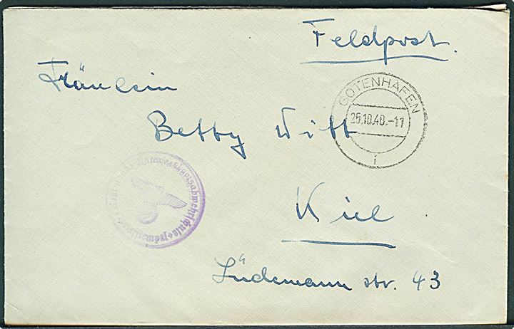 Ufrankeret feltpostbrev stemplet Gotenhafen d. 25.10.1940 til Kiel. Briefstempel fra Unterseebootsafwehrschule.