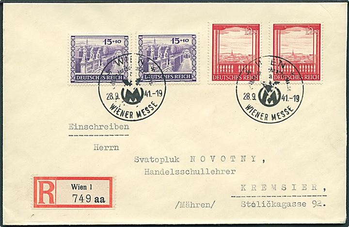 Komplet sæt Wiener Messe på anbefalet brev annulleret med særstempel i Wien d. 28.9.1941 til Kremsier, Mähren.