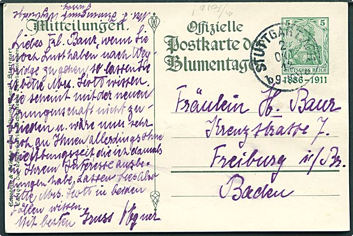 5 pfg. Germania illustreret helsagsbrevkort fra Stuttgart d. 2.10.1912 til Freiburg. Offizielle Postkarte der Blumentage med det Württembergske kongepars sølvbryllup.