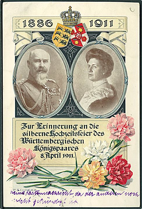 5 pfg. Germania illustreret helsagsbrevkort fra Stuttgart d. 2.10.1912 til Freiburg. Offizielle Postkarte der Blumentage med det Württembergske kongepars sølvbryllup.