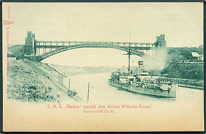 S. M. S. Baden passirt den Kaiser Wilhelm - Kanal. Panzerschiff III. Kl. Glückstadt & Münden no. 2201/3189. 