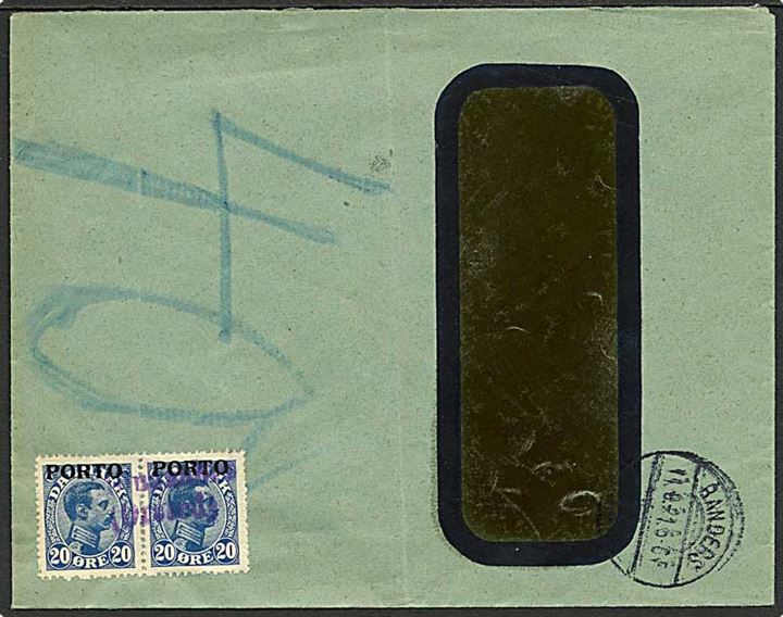 Ufrankeret rudekuvert fra Randers d. 11.9.1921 udtakseret i 40 øre porto med 20 øre Porto provisorier annulleret med blåt 2-linie stempel Allingaabro (Ørsted). På bagsiden noteret: Modtagelse nægtet.