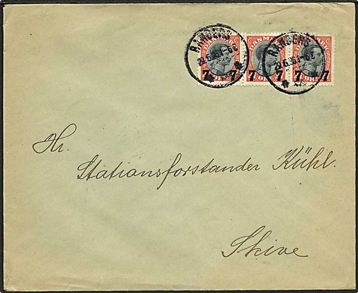 7/27 øre Provisorium i 3-stribe på brev fra Randers d. 29.6.1926 til Skive.