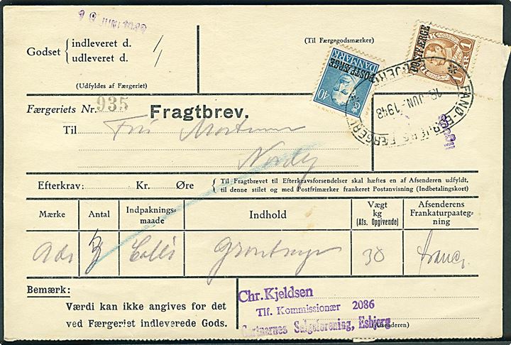 40 øre og 1 kr. Chr. X Postfærge provisorium på fragtbrev for ilgods fra Esbjerg d. 18.6.1948 til Nordby, Fanø.