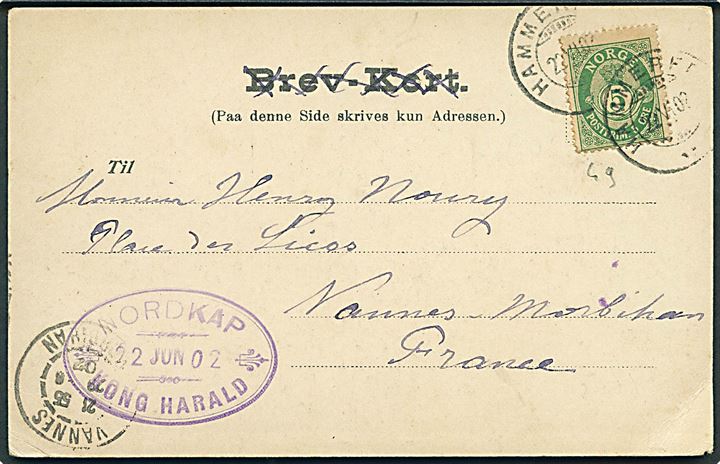 5 øre Posthorn på brevkort (Nordkap) sendt som tryksag stemplet Hammerfest d. 22.6.1902 og sidestemplet med ovalt skibsstempel: Nordkap * Kong Harald * d. 22.6.1902 til Vannes, Frankrig.