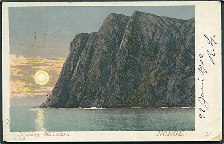 5 øre Posthorn på brevkort (Nordkap) sendt som tryksag stemplet Hammerfest d. 22.6.1902 og sidestemplet med ovalt skibsstempel: Nordkap * Kong Harald * d. 22.6.1902 til Vannes, Frankrig.