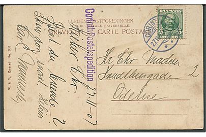 5 øre Fr. VIII på brevkort annulleret med brotype Ia Corinth d. 27.11.1907 til Odense. Violet liniestempel: Corinth Postekspedition. 
