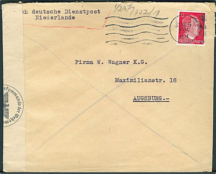 12 pfg. Hitler på brev annulleret med stumt maskinstempel d. 31.12.1943 til Augsburg. Påskrevet Durch deutsche Dienstpost Niederland. Fra civilt firma via Luftgaupostamt Amsterdam. Åbnet af tysk censur i Köln.