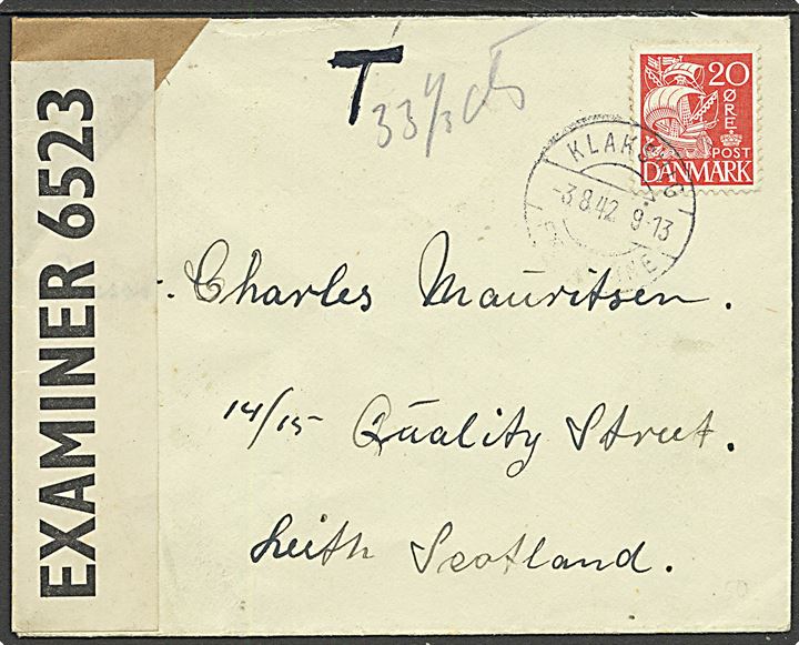20 øre Karavel på underfrankeret brev fra Klaksvig Færøerne d. 3.8.1942 til Leith, Scotland. Åbnet af britisk censur PC90/6523. Porto påskrift: “T 33 1/3 cts”