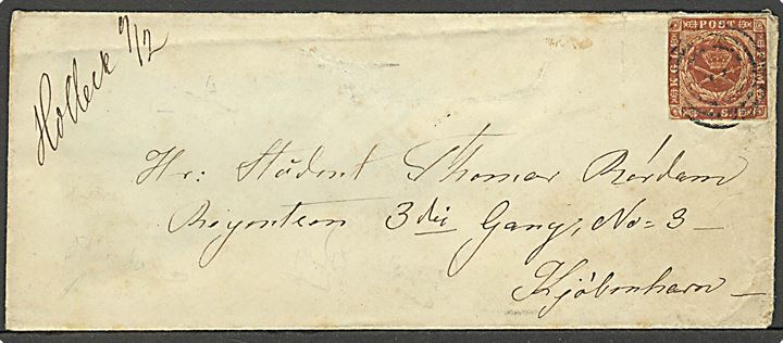 4 sk. 1854 udg. på brev annulleret med nr.stempel “1” og håndskrevet bynavn Holbek 9.2. til Kjøbenhavn 185x. Kuvert revet på bagsiden. Ex. Ole Steen Jakobsen.