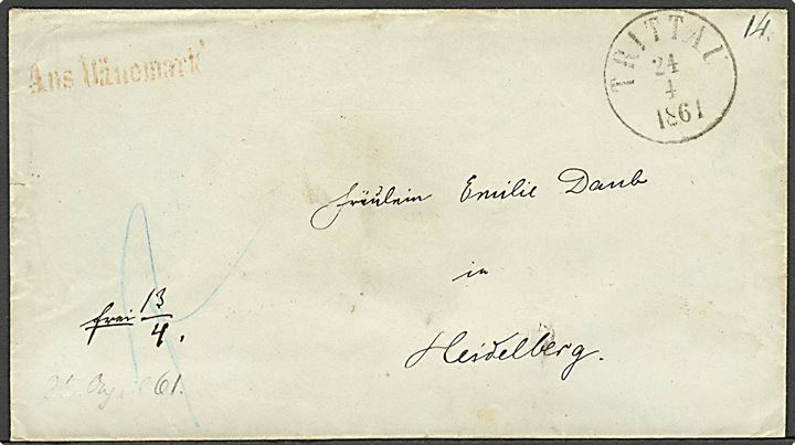1861. Ufrankeret franco brev med antiqua stempel Trittau d. 24.4.1861 via Friedrichsruhe og bureau Hamburg - Berlin til Heidelberg. Rødt liniestempel Aus Dänemark.