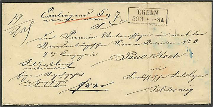 1864. Feltpost-pengebrev fra Egeln d. 30.3.1864 til underofficer i mobile Brandenburgisches Pionier Bataillon No. 3 i preussisk feltlager i Schleswig. På bagsiden 5 laksegl og noteret modtaget i Schottböll d. 7.4.1864. Modtaget kort inden stormen på Dybbøl.