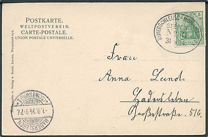 5 pfg. Germania på brevkort fra Sylt annulleret m. skibs-stempel Hoyerschleuse - Munkmarsch Seepost No. 3 d. 31.8.1904 til Hadersleben.