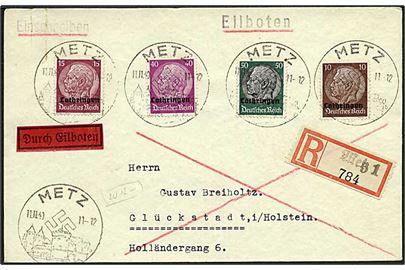 10, 15, 40 og 50 pf Hindenburg Lothringen provisorie på Rec. expres brev fra Metz, Tyskland, d. 11.11.1940 til Glückstadt.