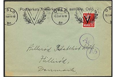 20 øre V-provisorium single på brev annulleret med Oslo V maskinstempel d. 13.9.1941 til Hillerød, Danmark. Passér-stemplet af tysk censur i Oslo og København.