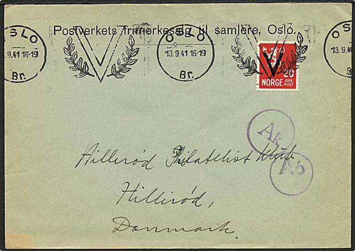 20 øre V-provisorium single på brev annulleret med Oslo V maskinstempel d. 13.9.1941 til Hillerød, Danmark. Passér-stemplet af tysk censur i Oslo og København.