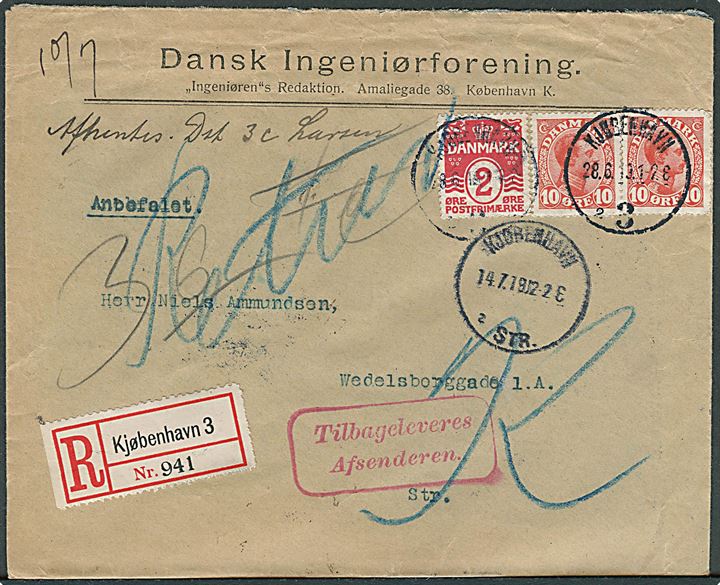 2 øre Bølgelinie og 10 øre Chr. X i par på 22 øre lokalt anbefalet brev i Kjøbenhavn d. 28.6.1919. Returneret d. 14.7.1919 med påtegning Ei afhentet.
