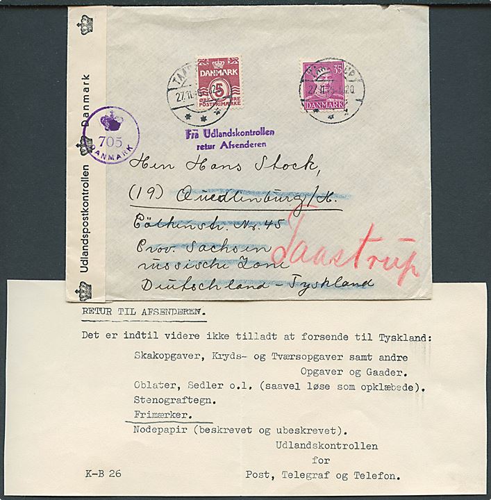 5 øre Bølgelinie og 35 øre Chr. X på brev fra Taastrup d. 27.11.1946 til Quedlinburg, Tyskland. Censureret med (krone)/705/Danmark og returneret fra Udlandspost-kontrollen med indlagt meddelelse K-B 26 vedr. forbud mod at sende frimærker til Tyskland.