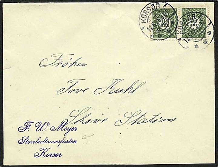 10 øre Postjubilæum i parstykke på brev fra Korsør d. 12.6.1926 til Skive. Privat afs.-stempel: F.W.Meyer / Storebæltsoverfarten / Korsør