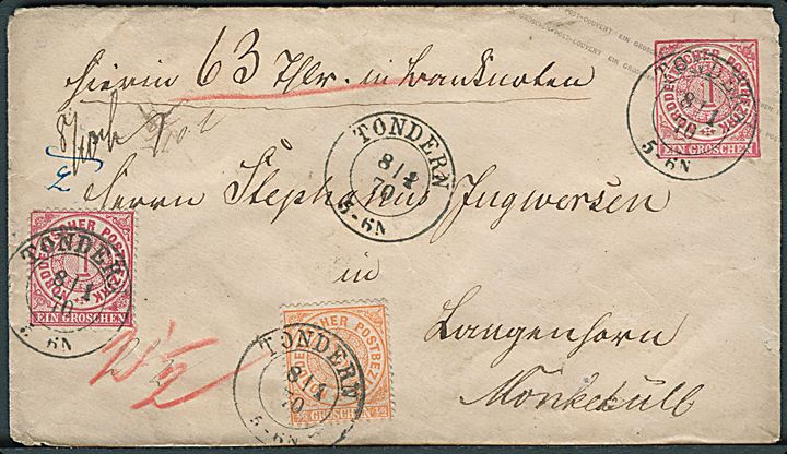 Norddeutscher Postbezirk 1 gr. helsagskuvert opfrankeret med ½ gr. og 1 gr. sendt som værdibrev fra Tondern d. 8.1.1870 til Monkebüll. Flot kvalificeret forsendelse.