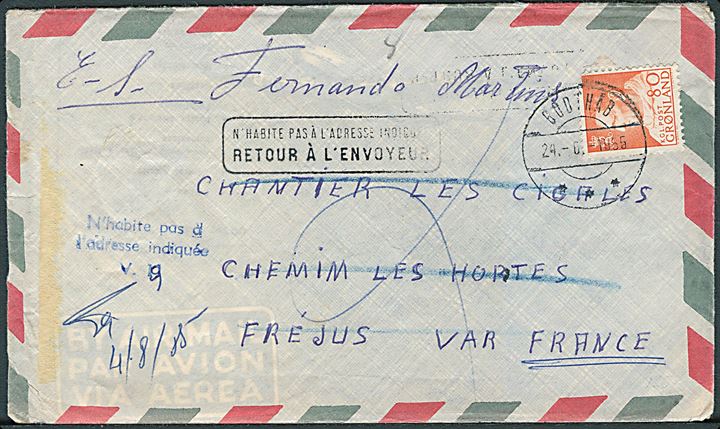 80 øre Fr. IX på luftpostbrev fra Godthåb d. 24.6.1965 til Frejus, Frankrig. Fra portugesisk trawler “Novos Mares” i Grønlandshavet. Retur med flere stempler. Indhold. 