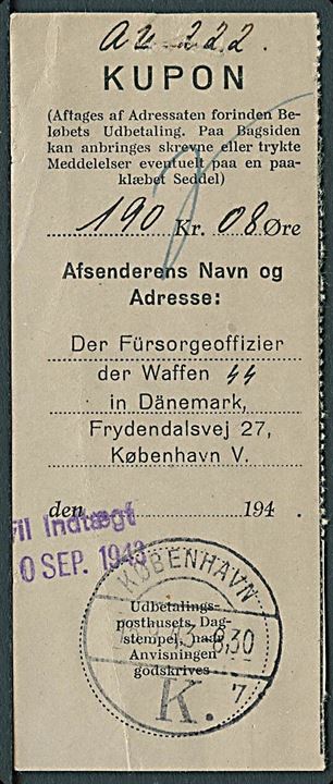 Kupon fra indbetalingskort på 190,08 kr. stemplet København d. 15.9.1943 med fortrykt afsender: Der Fürsorgeoffizier der Waffen SS in Dänemark, Frydendalsvej 27, København V. 