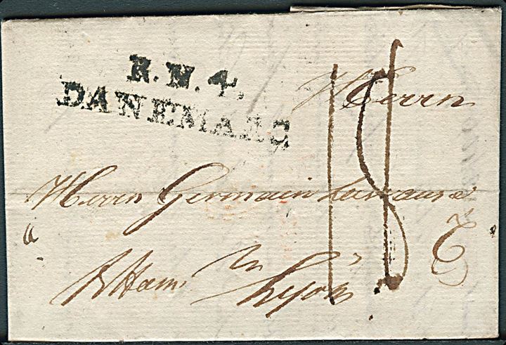 1806. Francobrev dateret Kjøbenhavn d. 20.11.1806 til Lyon, Frankrig. Påskrevet “Fr. Ham.” m. 2-liniestempel R.N.4. DANEMARC. Fransk portopåtegning. 