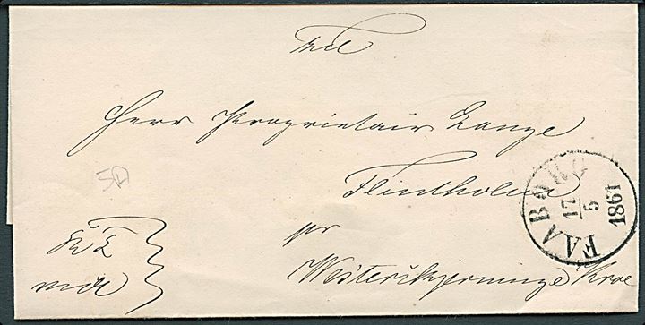 Kro-post. 1861. Ufrankeret tjenestebrev påskrevet K.T.m.A. med antiqua Faaborg d. 17.5.1861 til Flintholm pr. Westerskjerninge Kroe. Brevsamlingssted oprettet på Vesterskjærninge Kro pr. 15.4.1852.