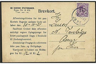 15 øre Chr. X på anmeldelses-brevkort stemplet Skive JB.P.E. d. 7.10.1921 til Resen pr. Skive. På bagsiden ovalt jernbanestempel: Skive Godseksp. / D.S.B. d. 7.10.1921