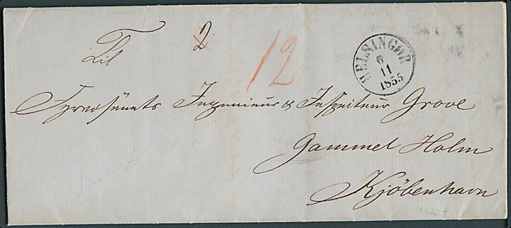 1855. Ufrankeret dobbeltbrev dateret Anholt d. 4.11.1855 med antiqua Helsingør d. 6.11.1855 til Kjøbenhavn. Påskrevet “12” skilling porto. Fra Fyretablissementet på Anholt.