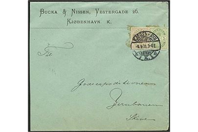5 øre og 3 øre helsagsafklip som frankering på 8 øre landsporto brev fra Kjøbenhavn d. 5.9.1901 til Skive.