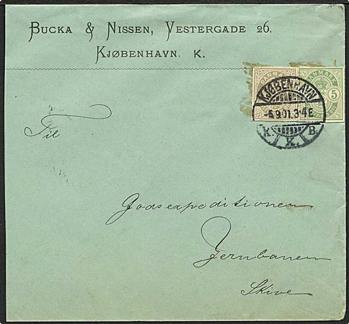 5 øre og 3 øre helsagsafklip som frankering på 8 øre landsporto brev fra Kjøbenhavn d. 5.9.1901 til Skive.
