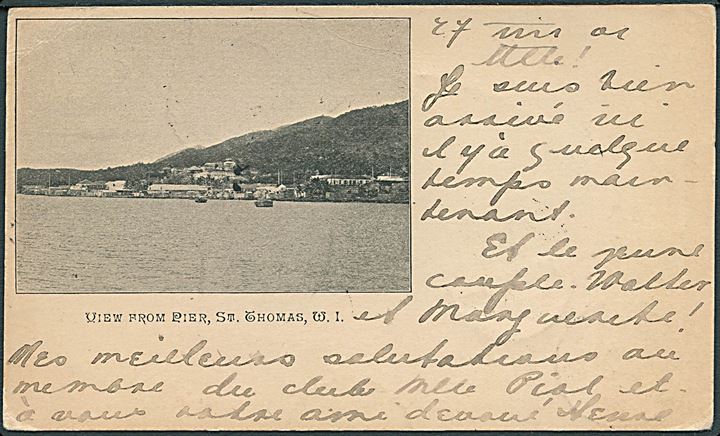 1 cent Våben i parstykke på brevkort (View from Pier, St. Thomas)  fra Christiansted d. 28.4.1902 via St. Thomas og Le Havre til Genéve, Schweiz.