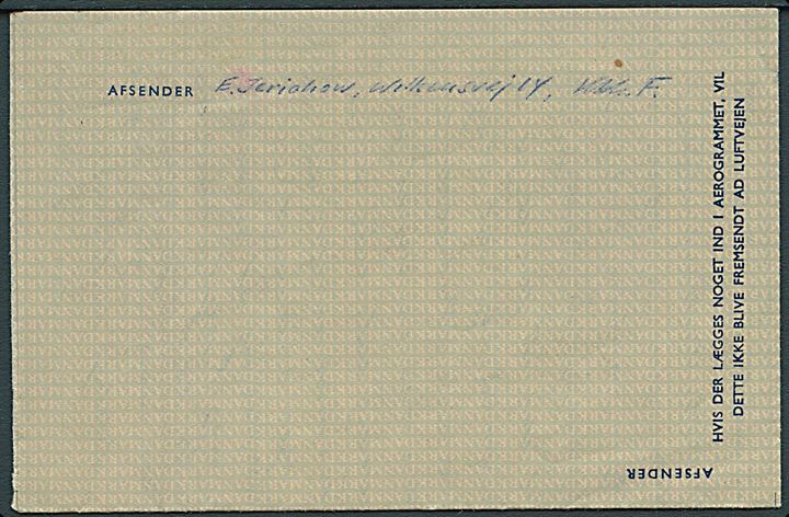 50+10 øre provisorisk helsags aerogram (fabr. 5) sendt som søndagsbrev fra København d. 15.11.1952 til Gram. Noget usædvanlig anvendelse.