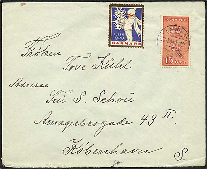15 øre Kræftmærke og Julemærke 1929 på brev annulleret med bureaustempel Langaa - Struer T.1026 d. 29.11.1929 til København.