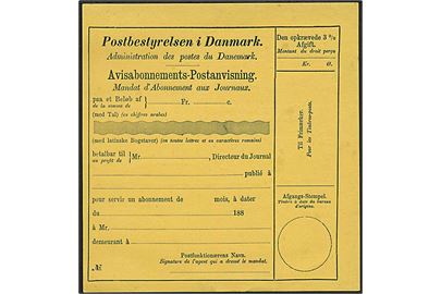 International Avisabonnements-Postanvisning fra 1880'erne. Ubrugt.