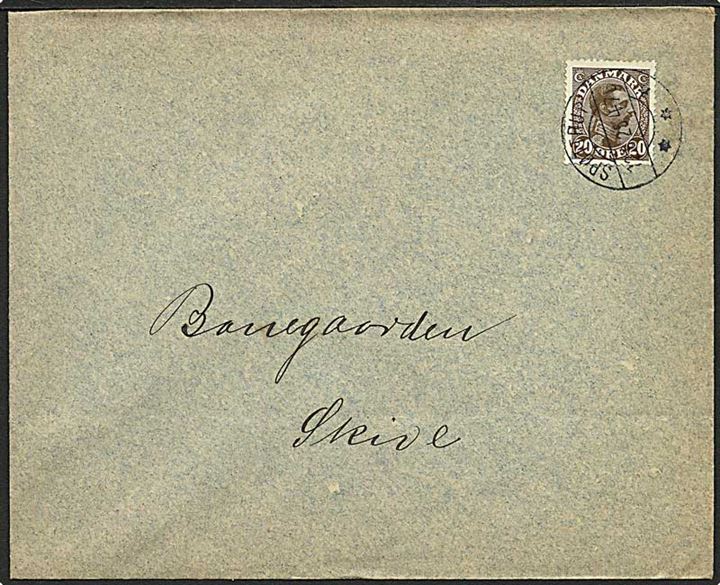20 øre brun Chr. X på brev fra Spørring d. 12.6.1925 til Skive. Spørring II b brotypestempel.
