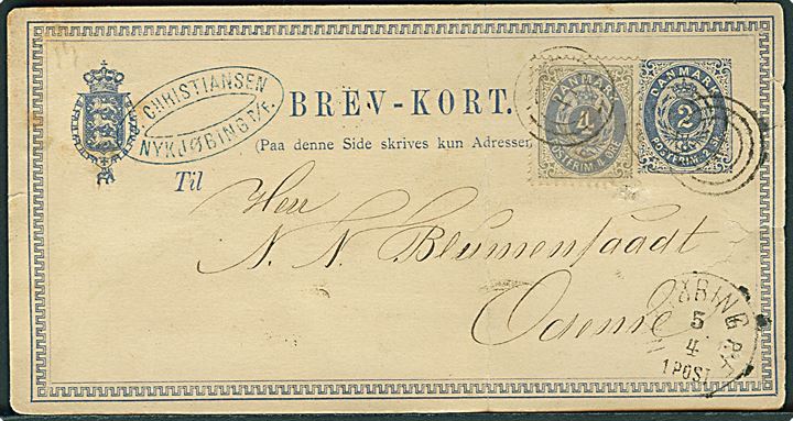 2 sk. helsagsbrevkort anvendt i Øreperioden opfrankeret m. 4 øre Tofarvet annulleret m. nr.stempel “47” og side-stemplet antiqua Nykjøbing p.F. d. 5.4.1876 til Odense. Mindre skader og fold.