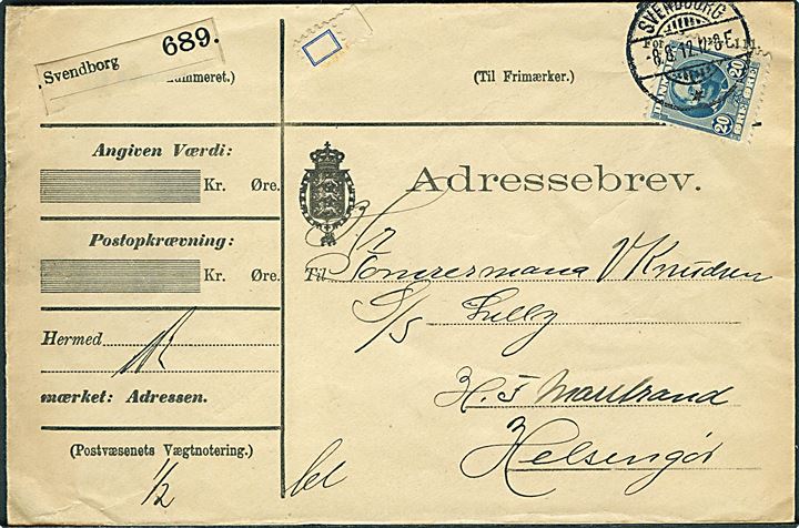 20 øre Fr. VIII og Gebyr-”syltetøjs”-mærke på adresse-brev for pakke mærket “Let” fra Svendborg d. 8.8.1912 til sømand ombord på S/S “Lilly” i Helsingør.