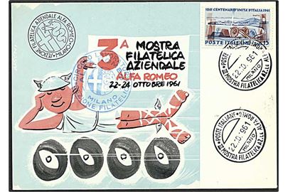 15 c. 100 år for Italiens forening på særligt Alfa Romeo postkort annulleret med udstillingsstempel i Milano d. 22.10.1961.